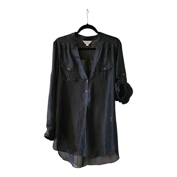 Zoa Womens Small Blouse Sheer Navy V-Neck Pockets Roll Tab Sleeves - Picture 3 of 11